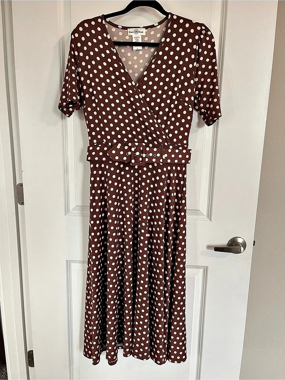 Sloane Rouge Polka Dot Wrap Midi Dress in Brown & White Size Medium Pretty Woman